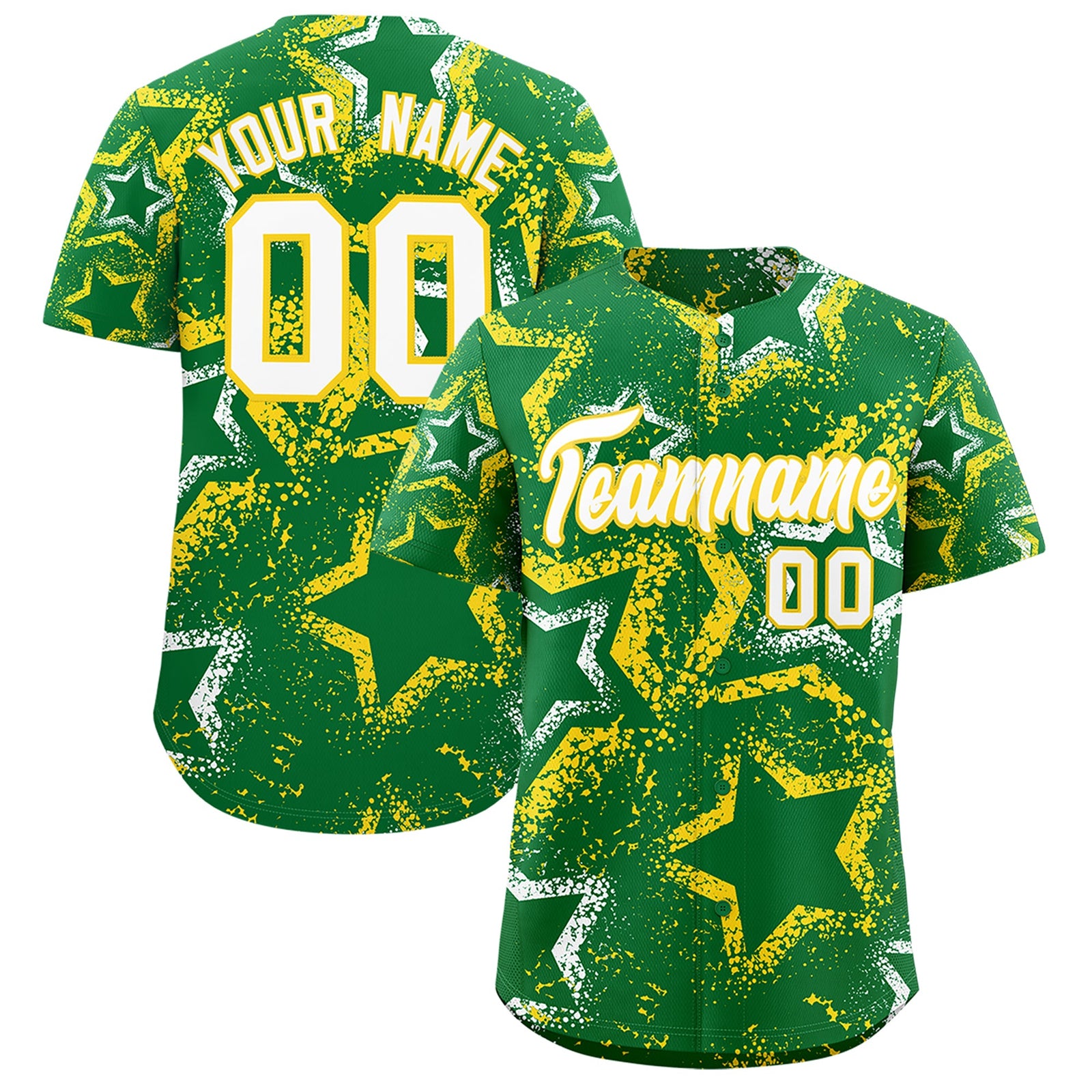 Custom Kelly Green White Gold Star-Shaped Ink Texture Graffiti Pattern Baseball Jersey | Sublimation Printed & Stitched,Add Name and Numbern,Perfect for Parties,Perfect for Training | KXKSHOP