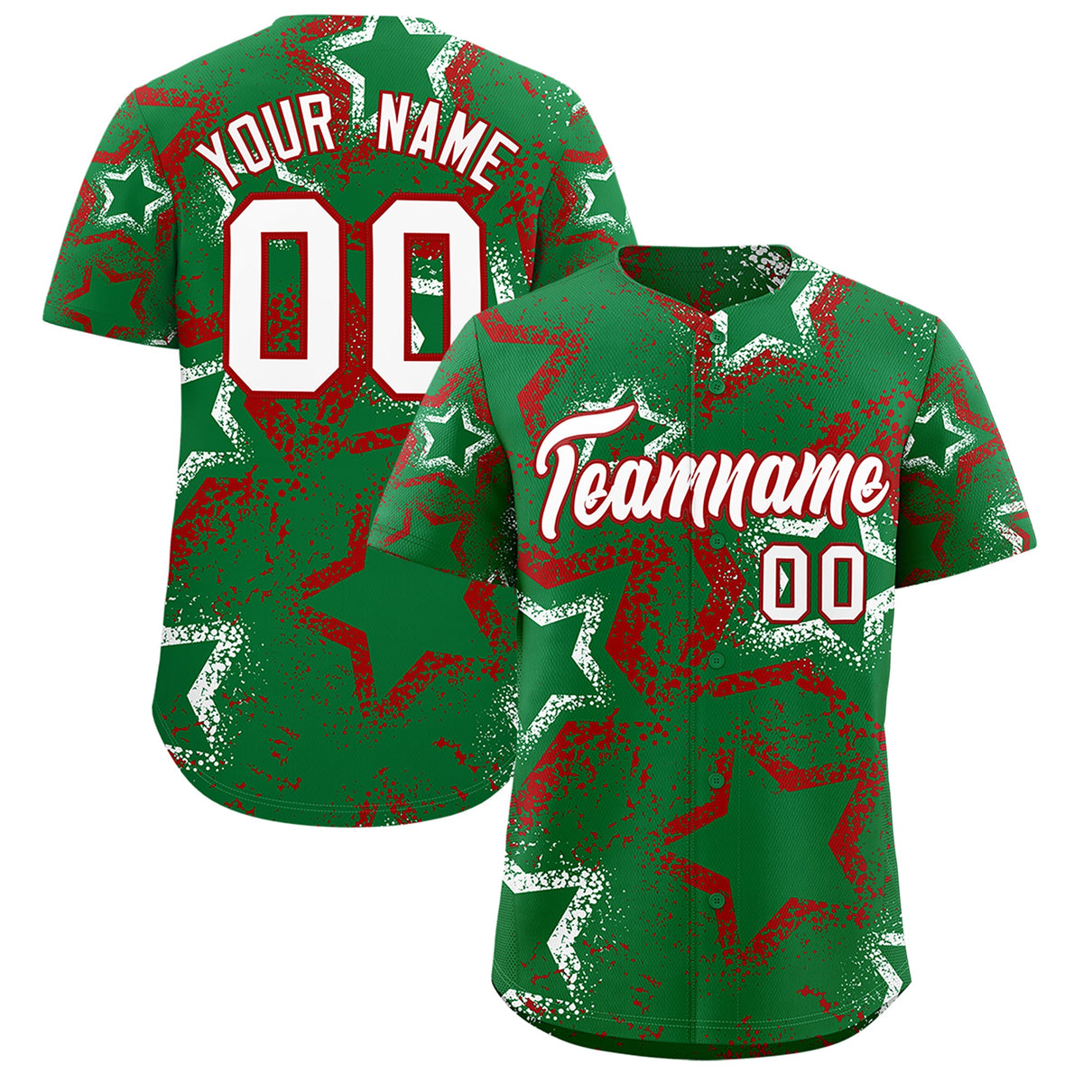 Custom Kelly Green White Red Star-Shaped Ink Texture Graffiti Pattern Baseball Jersey | Sublimation Printed &amp; Stitched,Add Name and Numbern,Perfect for Parties,Perfect for Training | KXKSHOP