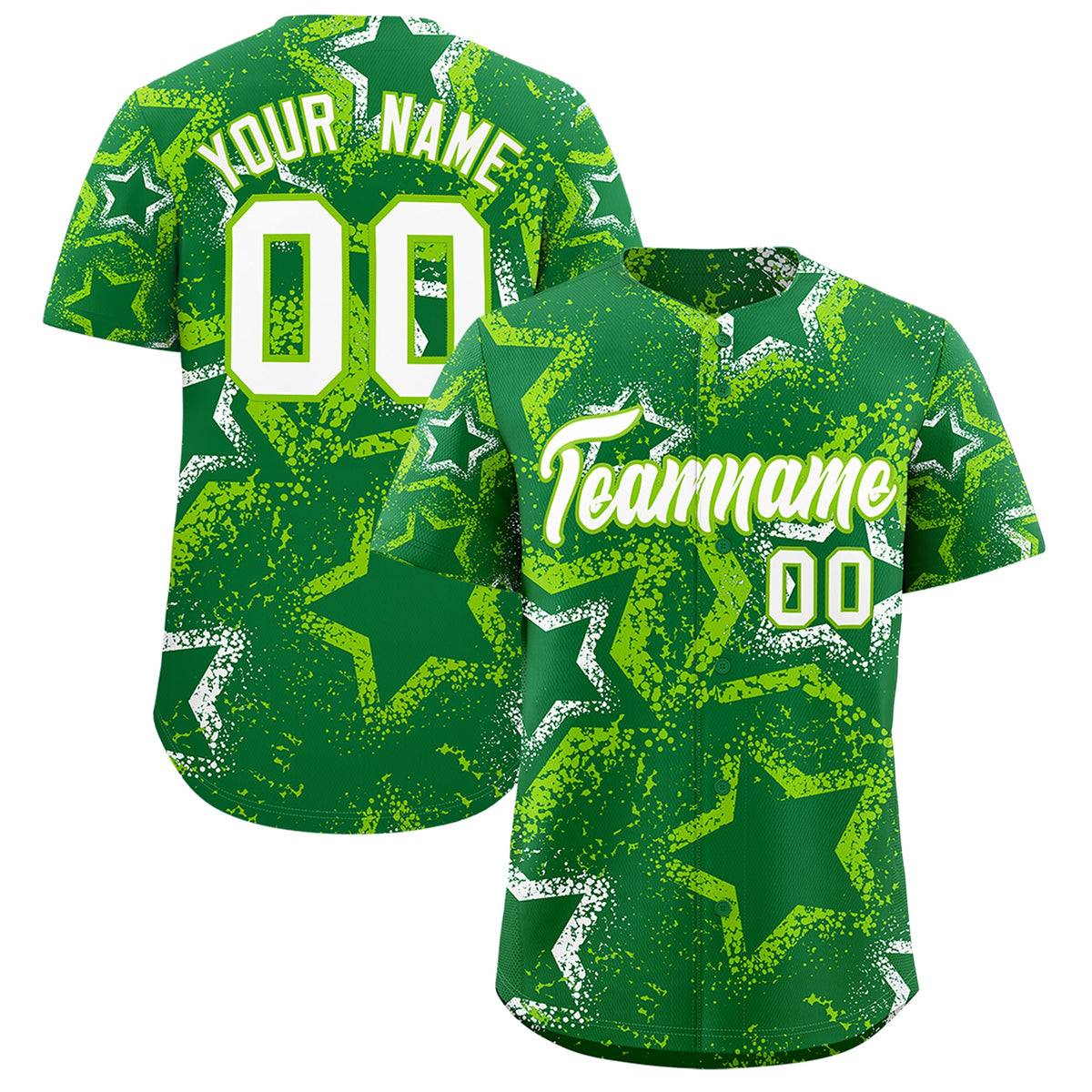 Custom Kelly Green White Neon Green Star-Shaped Ink Texture Graffiti Pattern Baseball Jersey | Sublimation Printed &amp; Stitched,Add Name and Numbern,Perfect for Parties,Perfect for Training | KXKSHOP