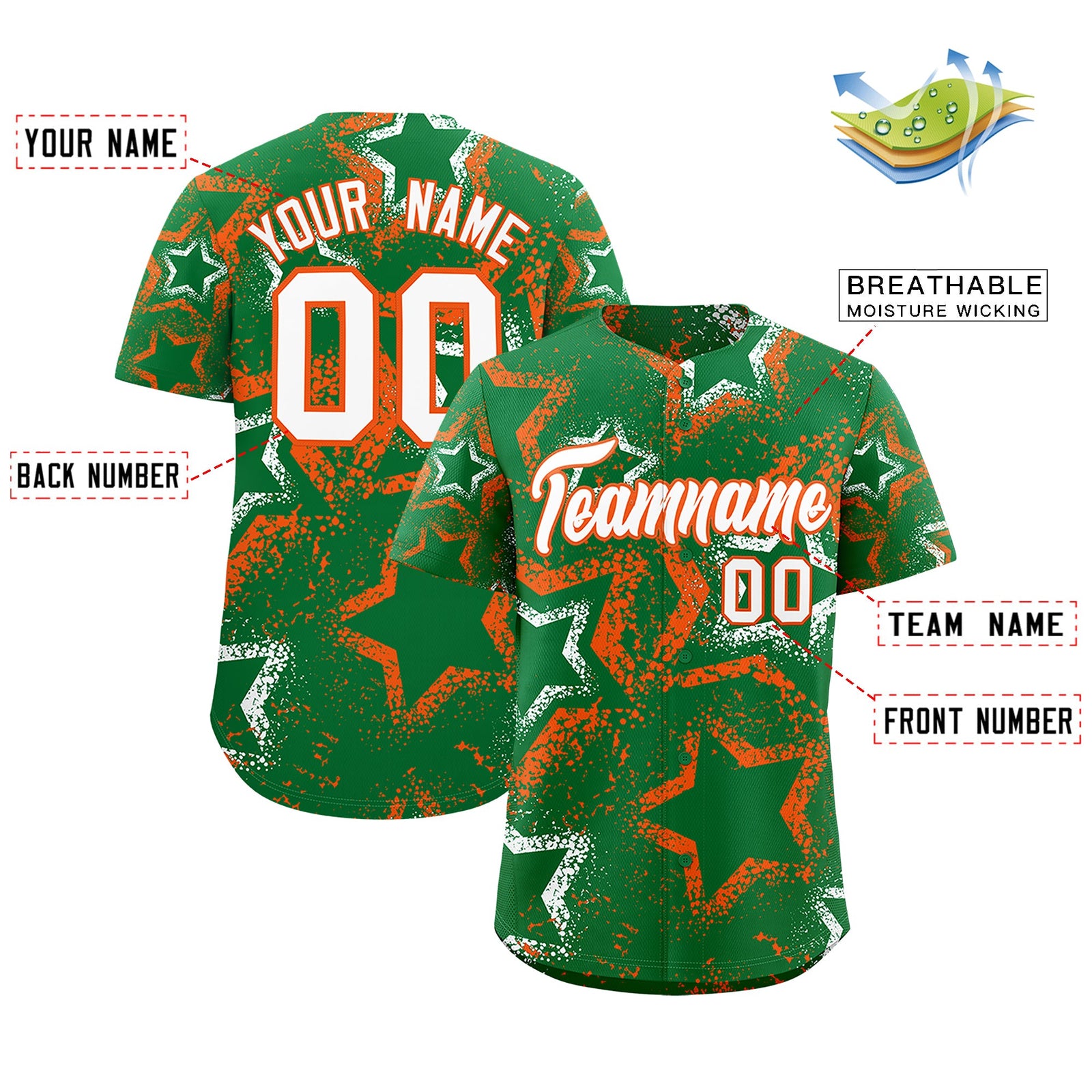 Custom Kelly Green White Orange Star-Shaped Ink Texture Graffiti Pattern Baseball Jersey | Sublimation Printed & Stitched,Add Name and Numbern,Perfect for Parties,Perfect for Training | KXKSHOP