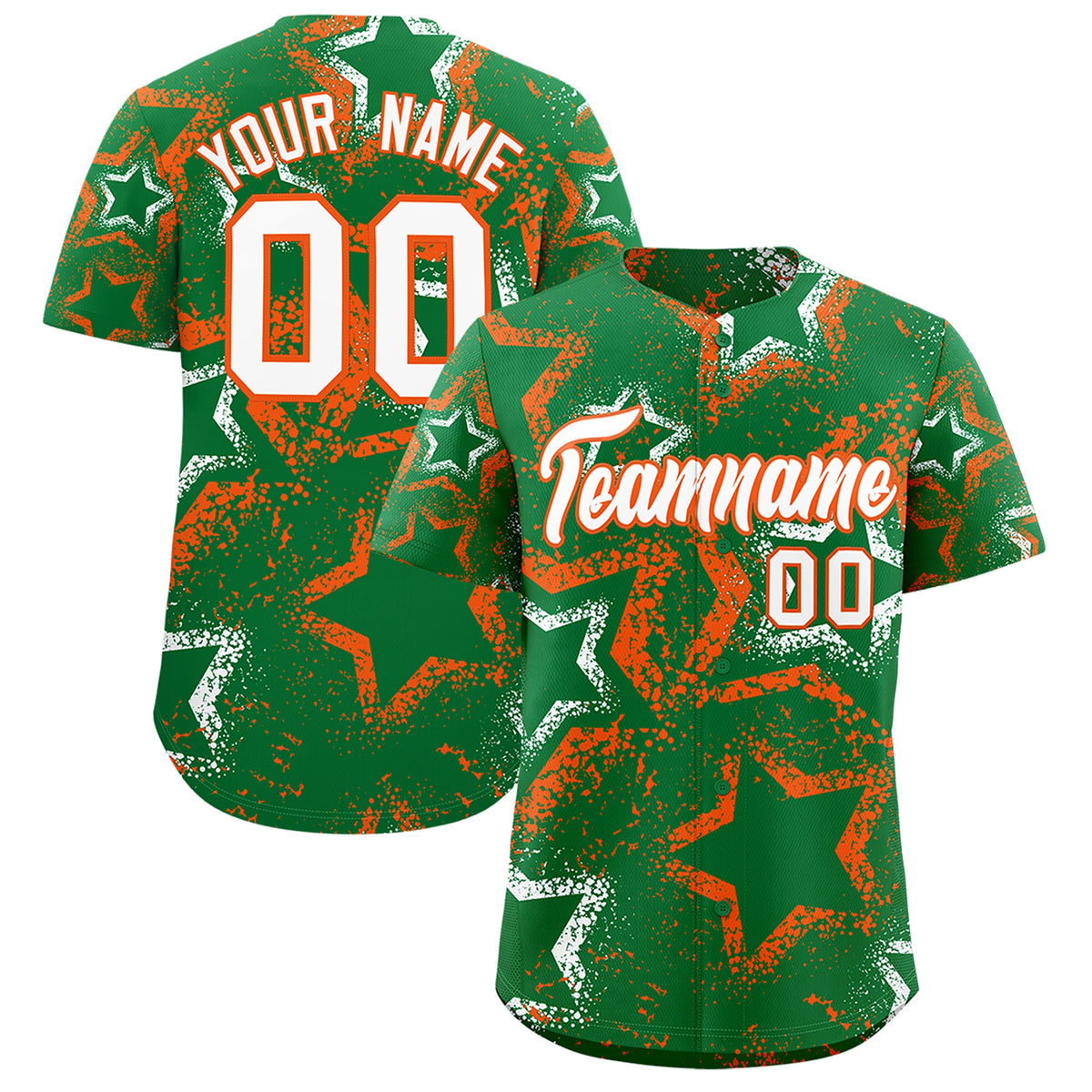 Custom Kelly Green White Orange Star-Shaped Ink Texture Graffiti Pattern Baseball Jersey | Sublimation Printed &amp; Stitched,Add Name and Numbern,Perfect for Parties,Perfect for Training | KXKSHOP