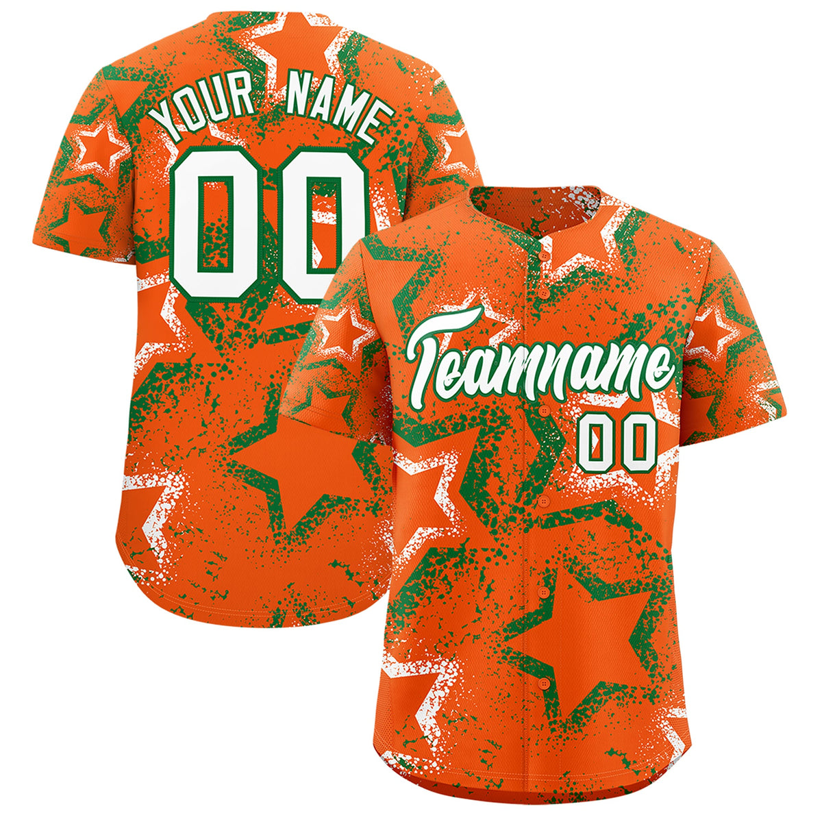 Custom Orange Kelly Green White Star-Shaped Ink Texture Graffiti Pattern Baseball Jersey | Sublimation Printed &amp; Stitched,Add Name and Numbern,Perfect for Parties,Perfect for Training | KXKSHOP