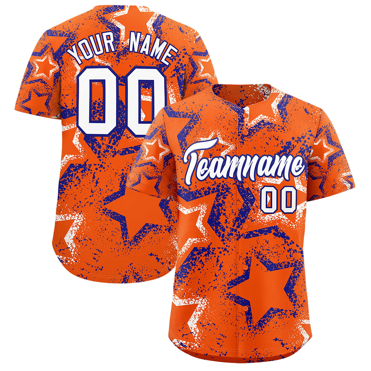 Custom Orange White Royal Blue Star-Shaped Ink Texture Graffiti Pattern Baseball Jersey | Sublimation Printed &amp; Stitched,Add Name and Numbern,Perfect for Parties,Perfect for Training | KXKSHOP