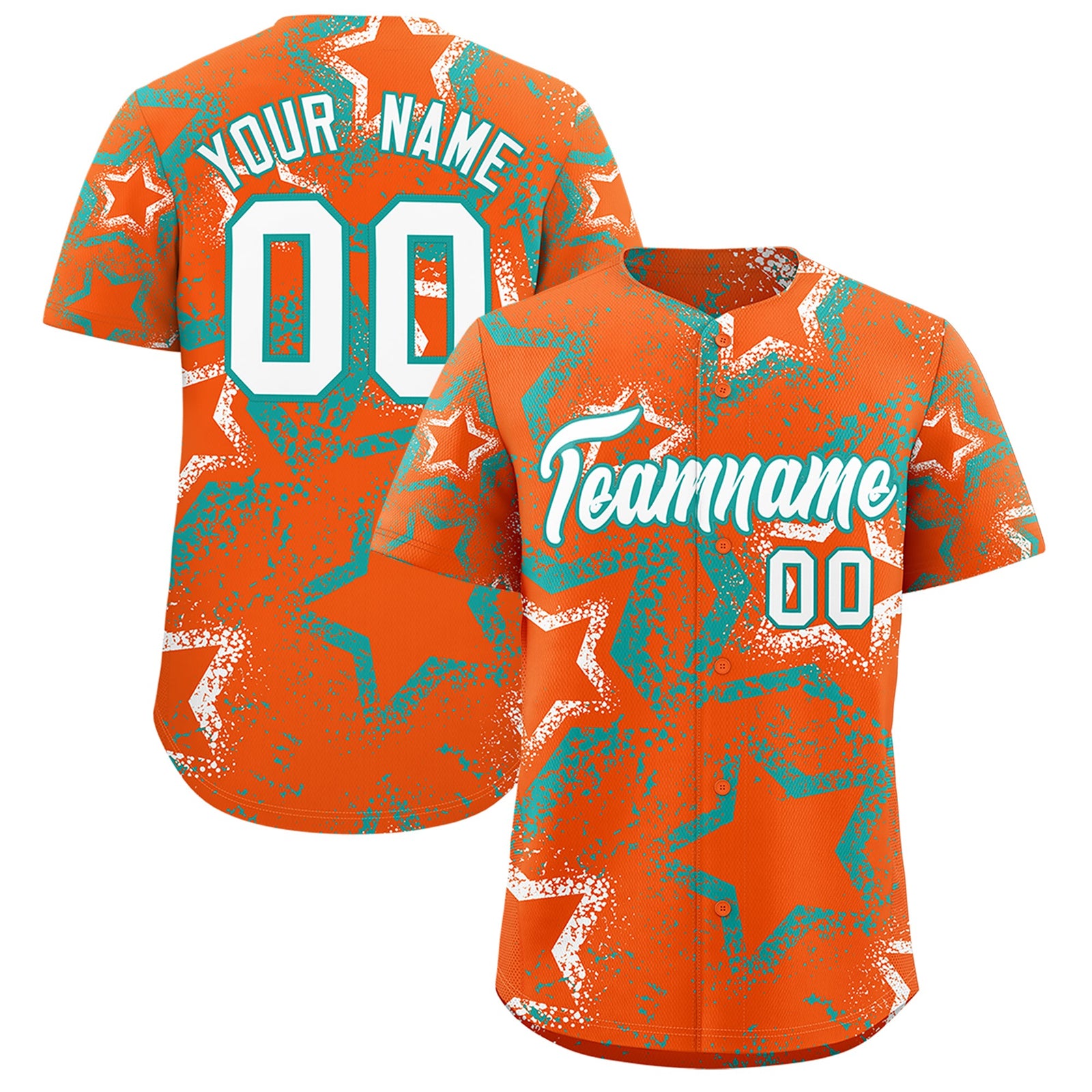 Custom Orange White Aqua Star-Shaped Ink Texture Graffiti Pattern Baseball Jersey | Sublimation Printed & Stitched,Add Name and Numbern,Perfect for Parties,Perfect for Training | KXKSHOP