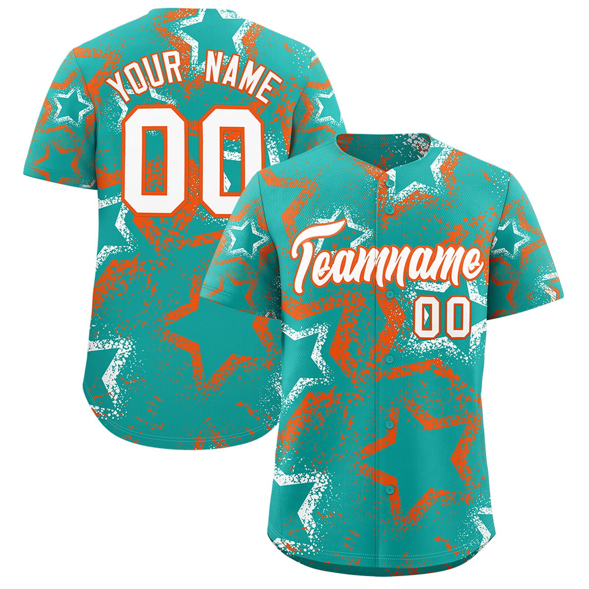 Custom Aqua White Orange Star-Shaped Ink Texture Graffiti Pattern Baseball Jersey | Sublimation Printed & Stitched,Add Name and Numbern,Perfect for Parties,Perfect for Training | KXKSHOP