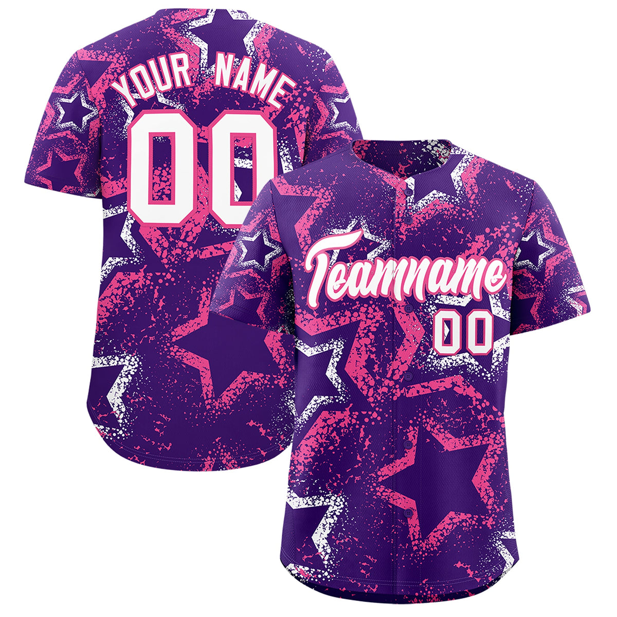 Custom Purple White Pink Star-Shaped Ink Texture Graffiti Pattern Baseball Jersey | Sublimation Printed & Stitched,Add Name and Numbern,Perfect for Parties,Perfect for Training | KXKSHOP