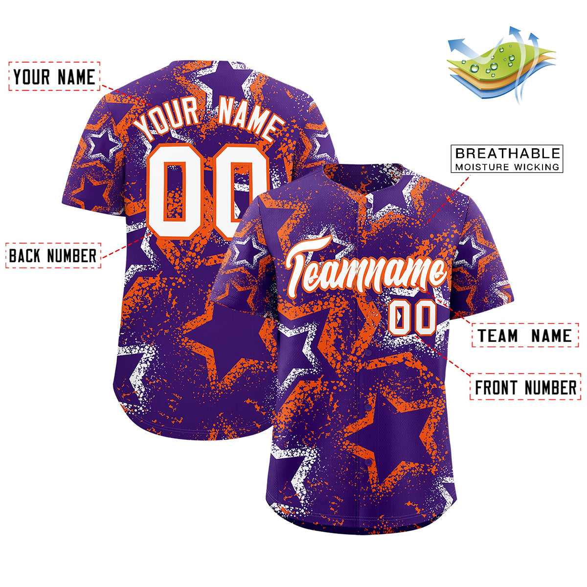 Custom Purple White Orange Star-Shaped Ink Texture Graffiti Pattern Baseball Jersey | Sublimation Printed & Stitched,Add Name and Numbern,Perfect for Parties,Perfect for Training | KXKSHOP