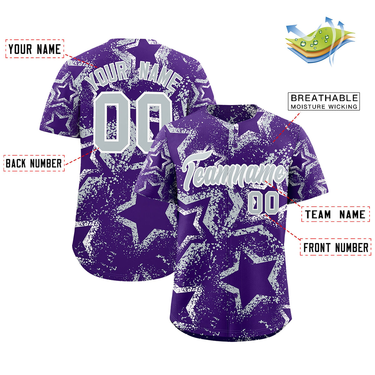 Custom Purple White Silver Star-Shaped Ink Texture Graffiti Pattern Baseball Jersey | Sublimation Printed &amp; Stitched,Add Name and Numbern,Perfect for Parties,Perfect for Training | KXKSHOP