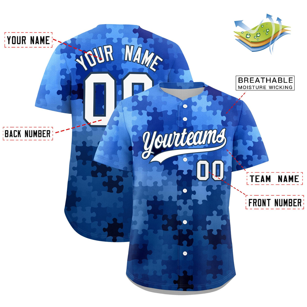 Custom White Midnight Blue Puzzle Elements Baseball Jersey | Sublimation Printed &amp; Stitched,Add Name and Numbern,Perfect for Teams | KXKSHOP