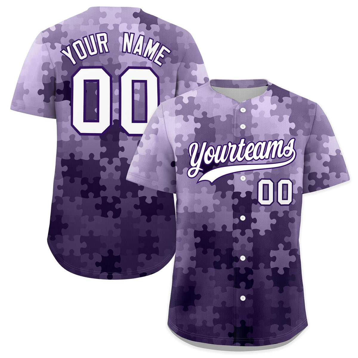 Custom White Purple Puzzle Elements Baseball Jersey | Sublimation Printed & Stitched,Add Name and Numbern,Perfect for Teams | KXKSHOP