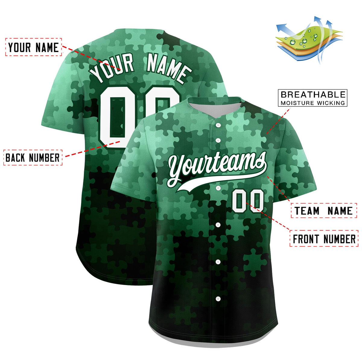 Custom White Green Puzzle Elements Baseball Jersey | Sublimation Printed & Stitched,Add Name and Numbern,Perfect for Teams | KXKSHOP