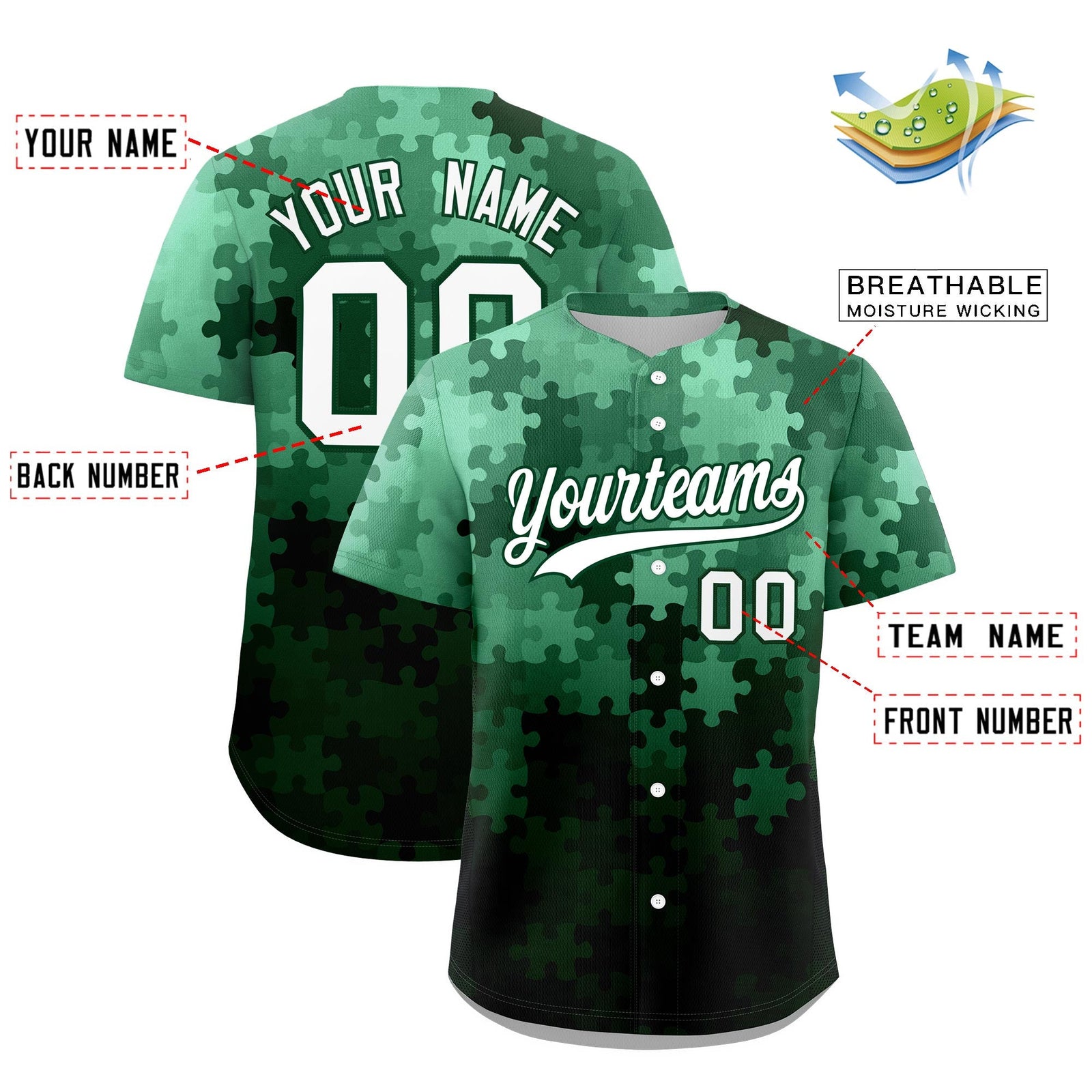 Custom White Green Puzzle Elements Baseball Jersey | Sublimation Printed & Stitched,Add Name and Numbern,Perfect for Teams | KXKSHOP