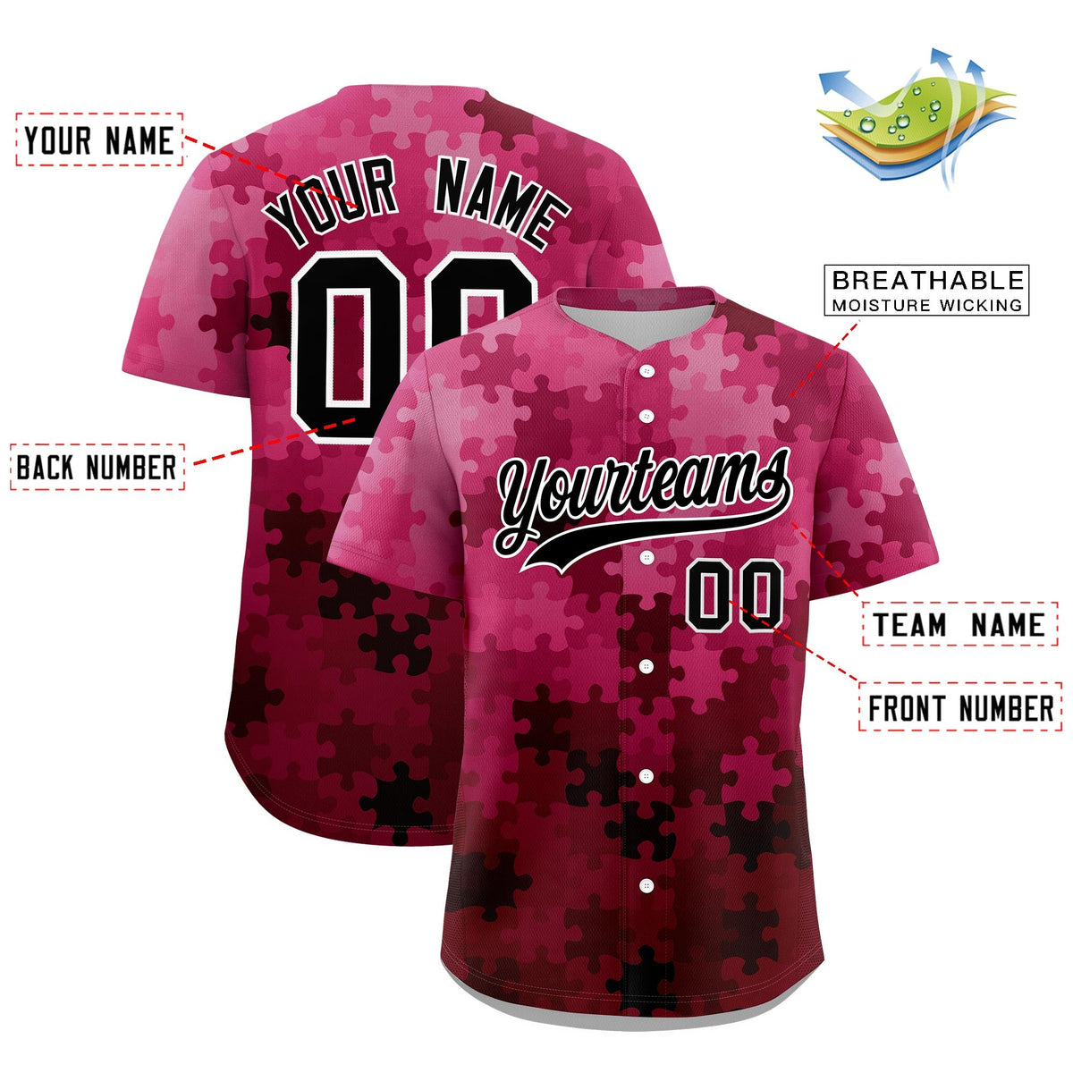 Custom Rose Red Black White Puzzle Elements Baseball Jersey | Sublimation Printed &amp; Stitched,Add Name and Numbern,Perfect for Teams | KXKSHOP