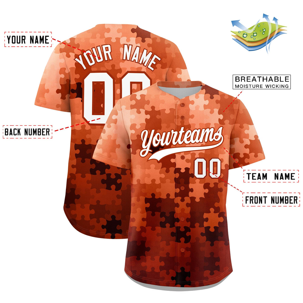 Custom White Dark Orange Puzzle Elements Baseball Jersey | Sublimation Printed &amp; Stitched,Add Name and Numbern,Perfect for Teams | KXKSHOP