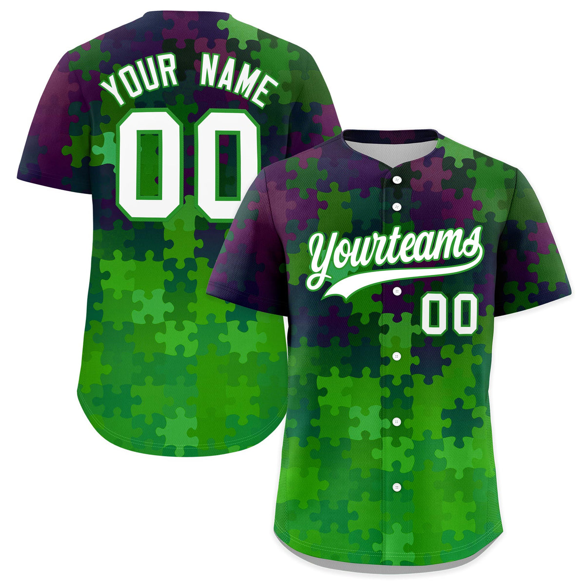 Custom White Light Green Puzzle Elements Baseball Jersey | Sublimation Printed &amp; Stitched,Add Name and Numbern,Perfect for Teams | KXKSHOP