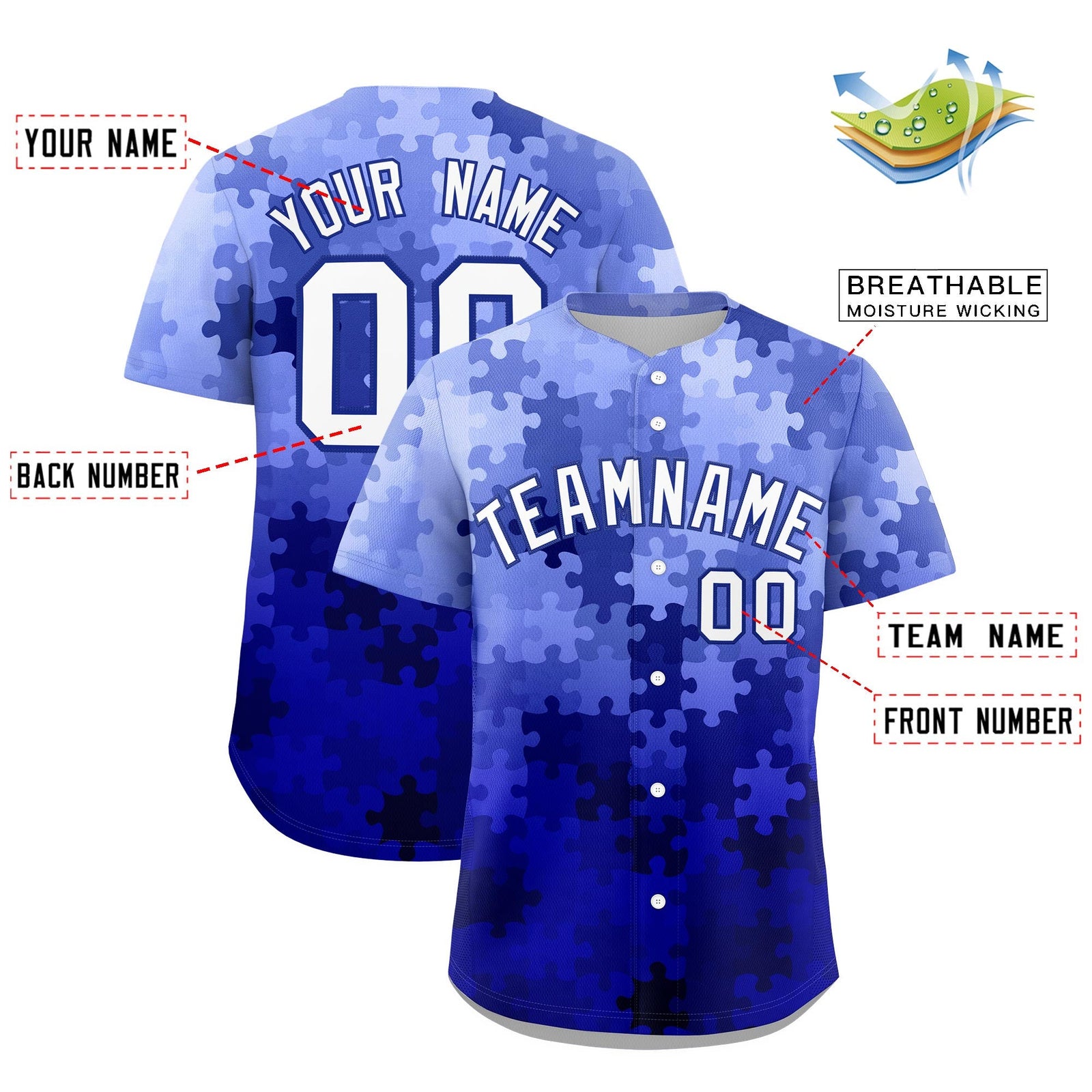 Custom White Royal Blue Puzzle Elements Baseball Jersey | Sublimation Printed & Stitched,Add Name and Numbern,Perfect for Teams | KXKSHOP