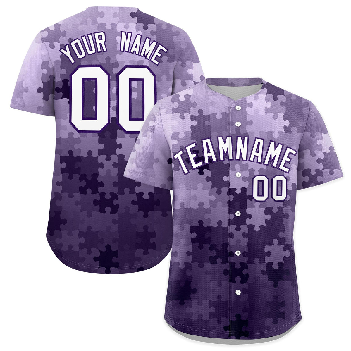 Custom White Purple Puzzle Elements Baseball Jersey | Sublimation Printed & Stitched,Add Name and Numbern,Perfect for Teams | KXKSHOP