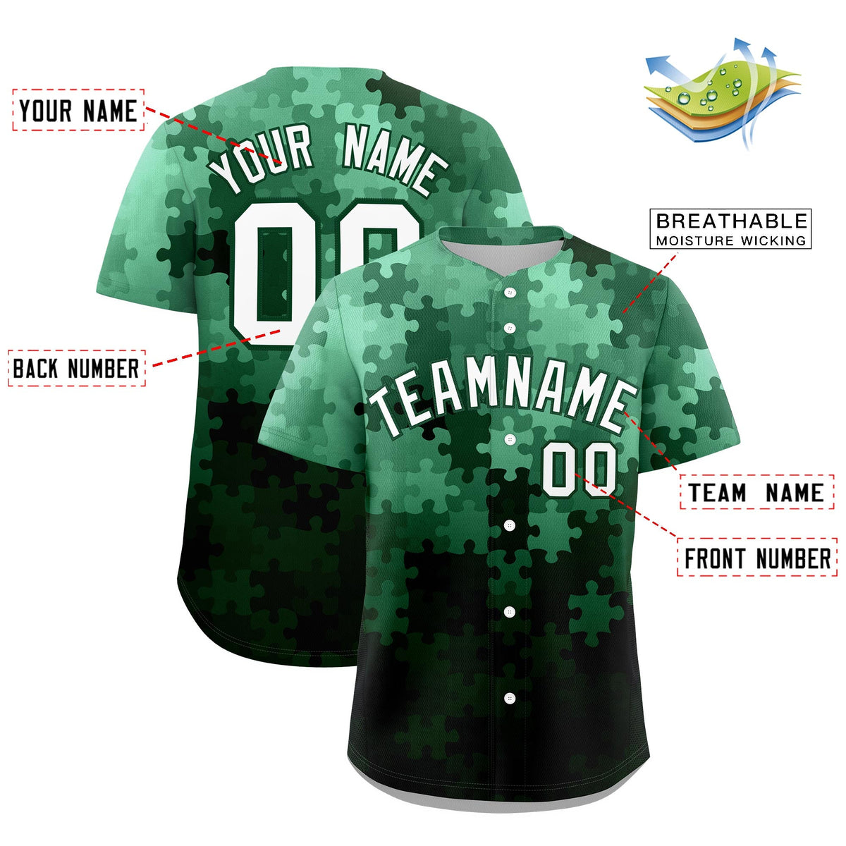 Custom White Green Puzzle Elements Baseball Jersey | Sublimation Printed & Stitched,Add Name and Numbern,Perfect for Teams | KXKSHOP