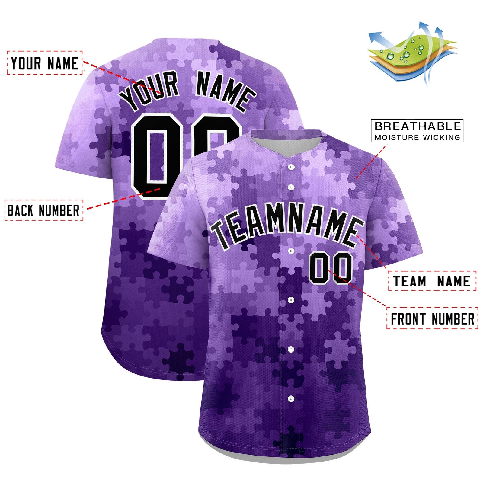 Custom Purple Black White Puzzle Elements Baseball Jersey | Sublimation Printed & Stitched,Add Name and Numbern,Perfect for Teams | KXKSHOP