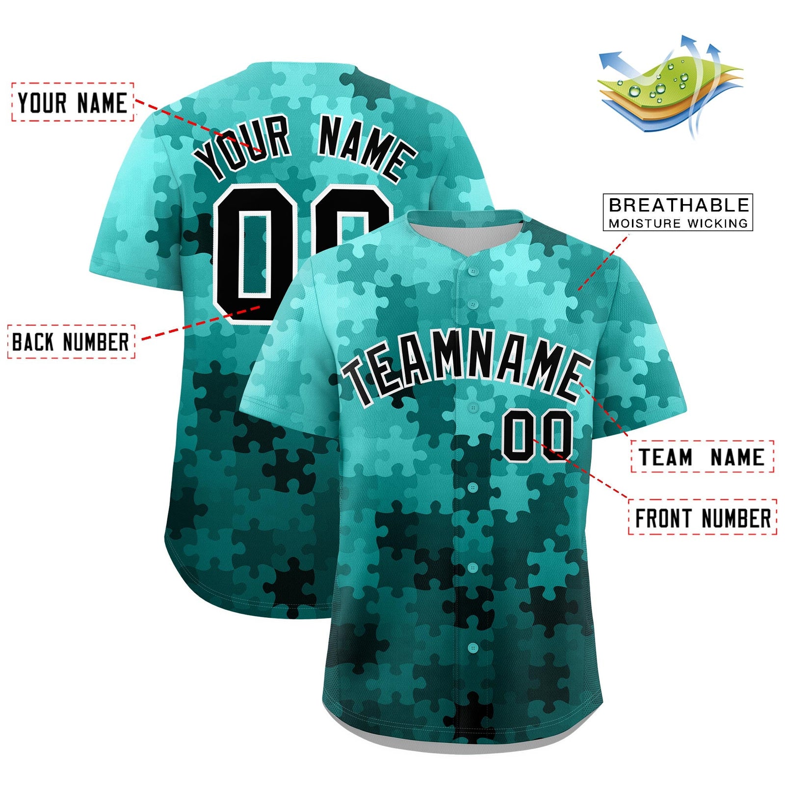 Custom Teal Black White Puzzle Elements Baseball Jersey | Sublimation Printed & Stitched,Add Name and Numbern,Perfect for Teams | KXKSHOP