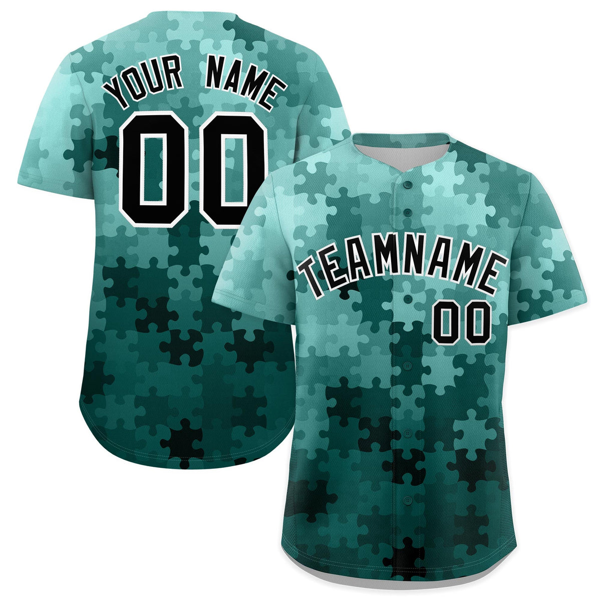 Custom Aqua Black White Puzzle Elements Baseball Jersey | Sublimation Printed &amp; Stitched,Add Name and Numbern,Perfect for Teams | KXKSHOP