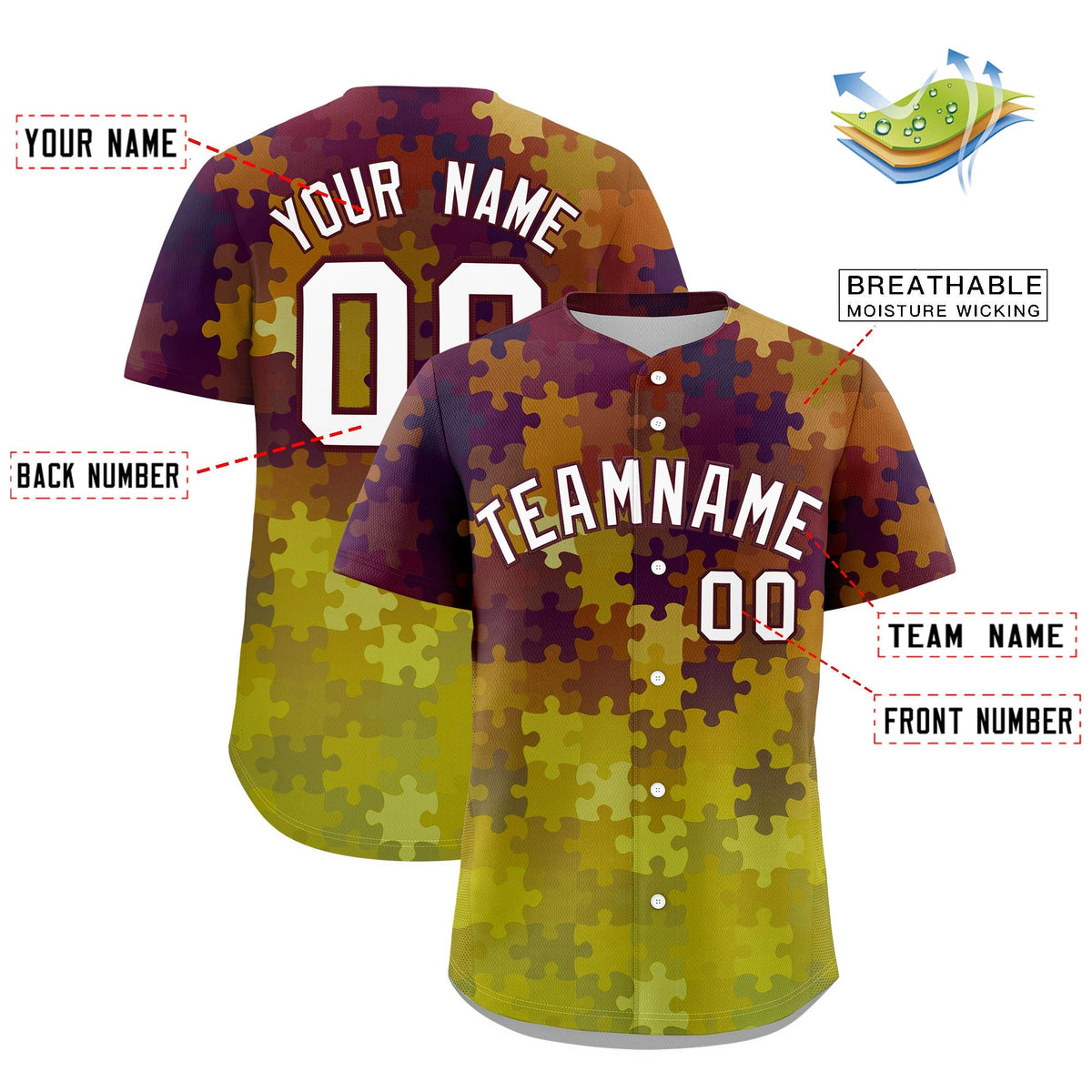 Custom White Burgundy Puzzle Elements Baseball Jersey | Sublimation Printed & Stitched,Add Name and Numbern,Perfect for Teams | KXKSHOP