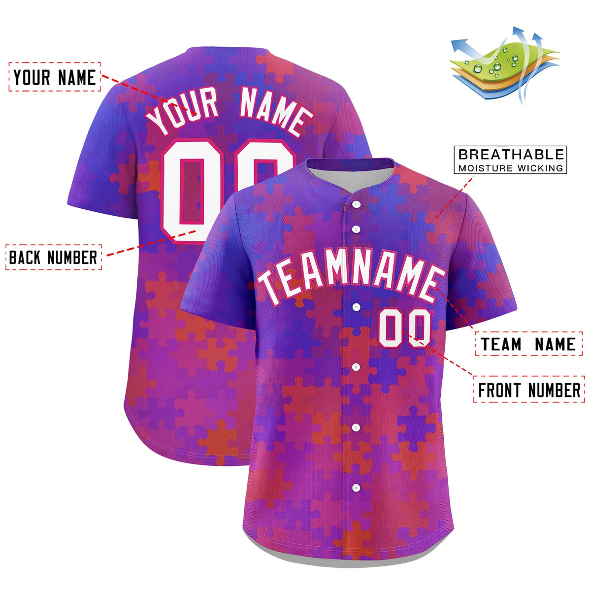Custom White Rose Red Puzzle Elements Baseball Jersey | Sublimation Printed &amp; Stitched,Add Name and Numbern,Perfect for Teams | KXKSHOP