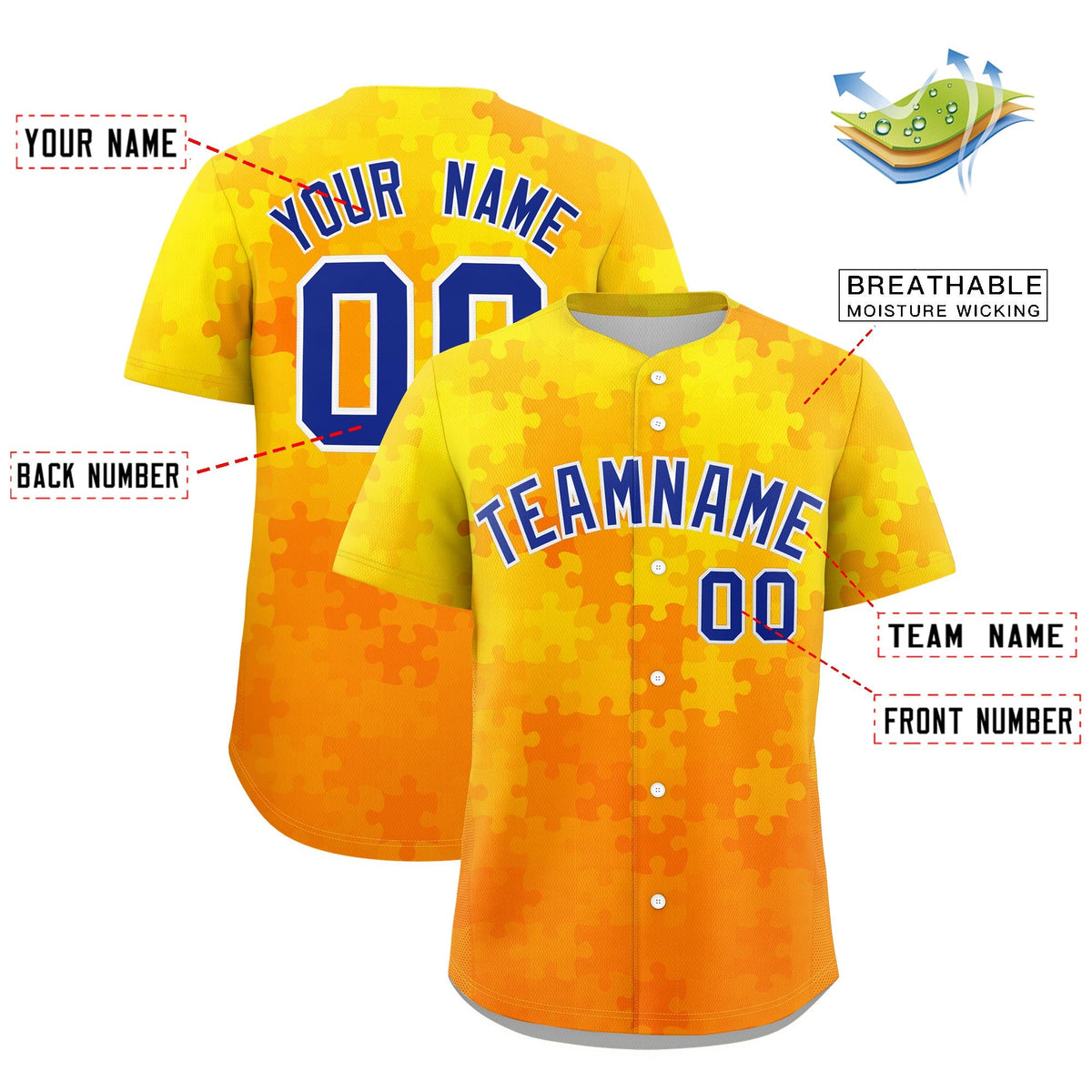 Custom Yellow Royal Blue White Puzzle Elements Baseball Jersey | Sublimation Printed &amp; Stitched,Add Name and Numbern,Perfect for Teams | KXKSHOP