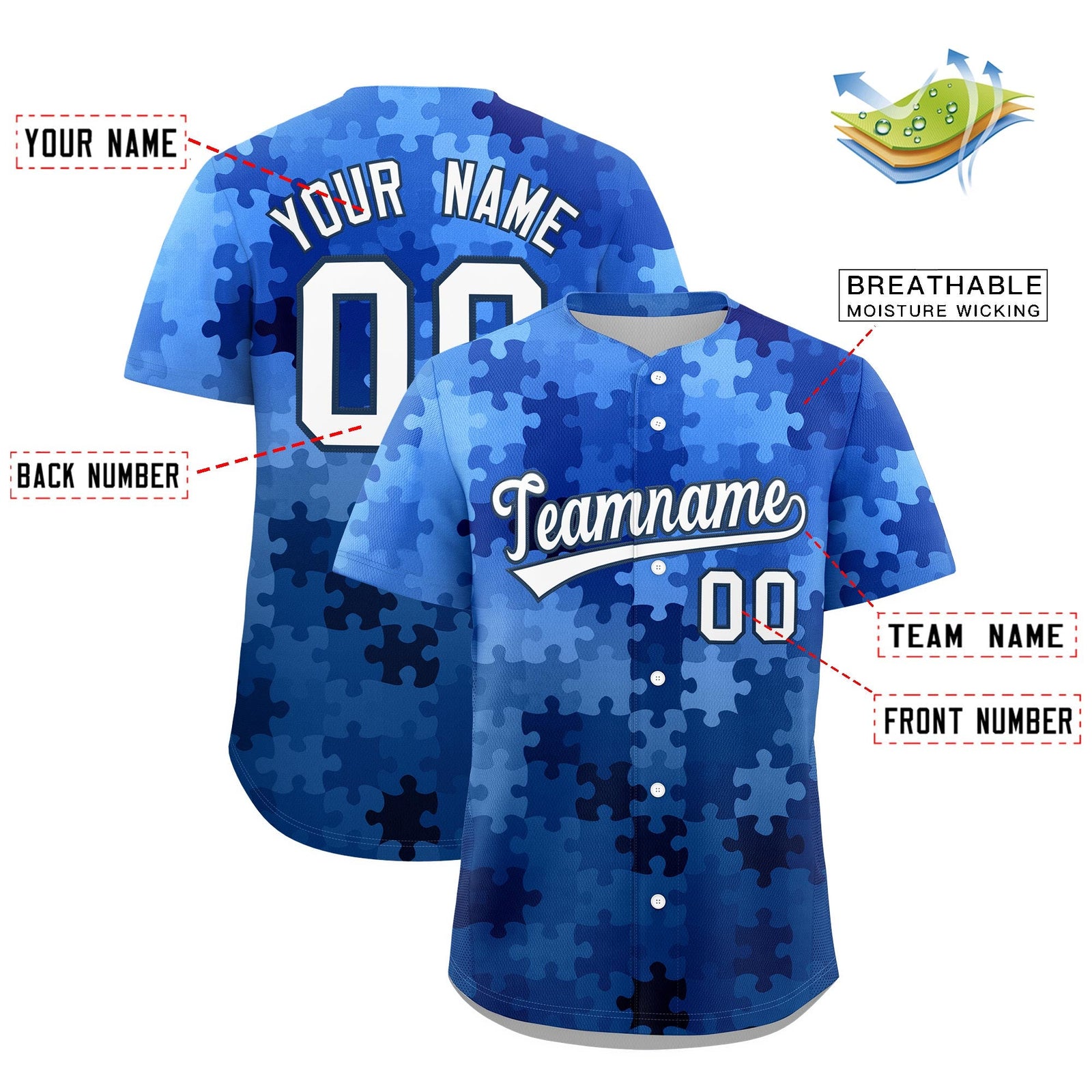 Custom White Midnight Blue Puzzle Elements Baseball Jersey | Sublimation Printed & Stitched,Add Name and Numbern,Perfect for Teams | KXKSHOP
