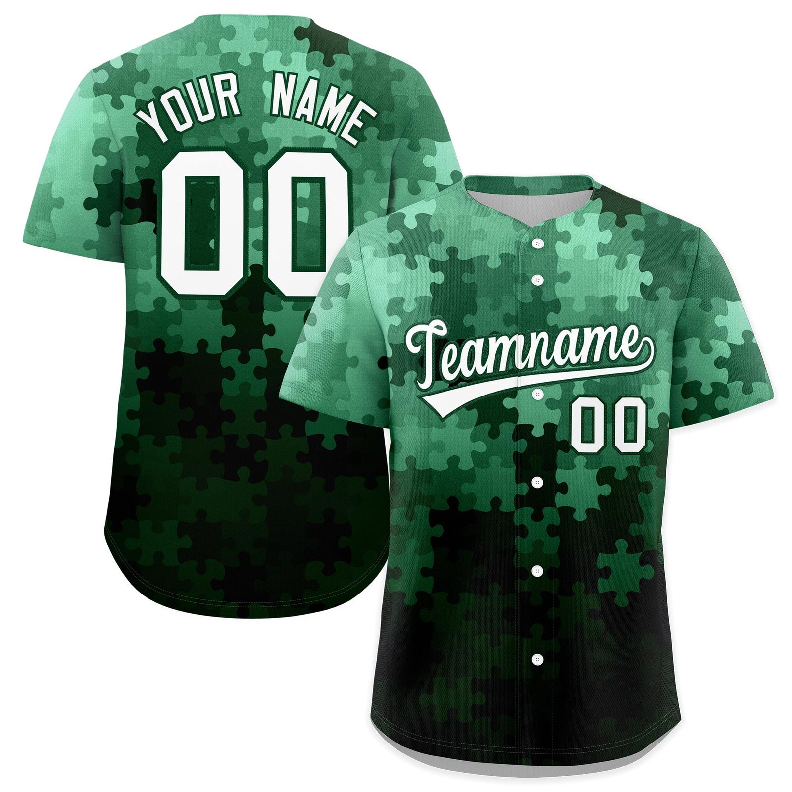 Custom White Green Puzzle Elements Baseball Jersey | Sublimation Printed & Stitched,Add Name and Numbern,Perfect for Teams | KXKSHOP
