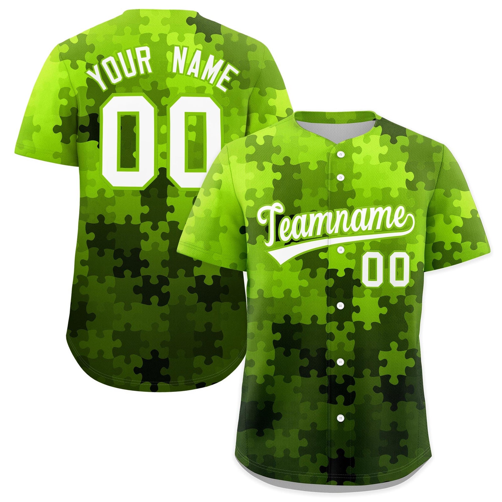 Custom White Neon Green Puzzle Elements Baseball Jersey | Sublimation Printed & Stitched,Add Name and Numbern,Perfect for Teams | KXKSHOP
