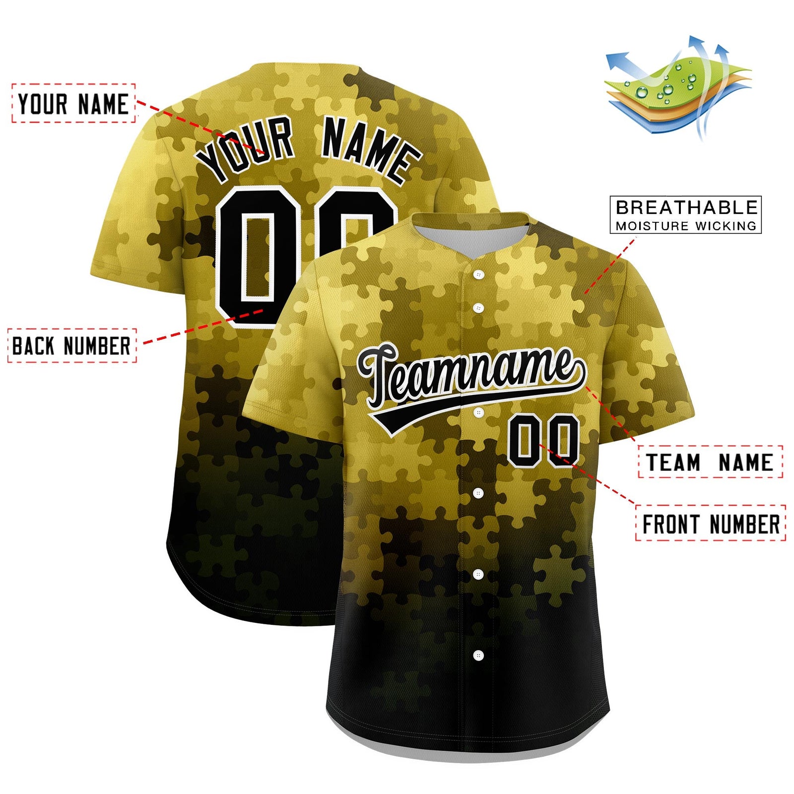 Custom Old Gold White Black Puzzle Elements Baseball Jersey | Sublimation Printed & Stitched,Add Name and Numbern,Perfect for Teams | KXKSHOP