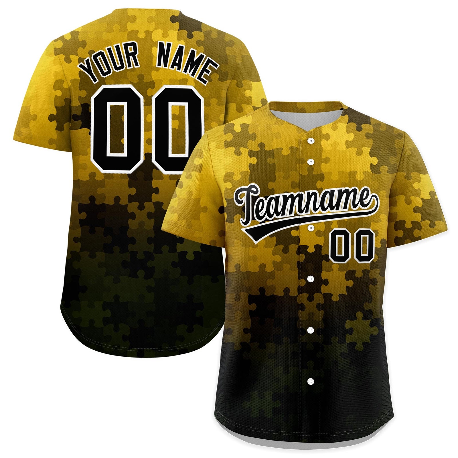 Custom Gold Black White Puzzle Elements Baseball Jersey | Sublimation Printed & Stitched,Add Name and Numbern,Perfect for Teams | KXKSHOP