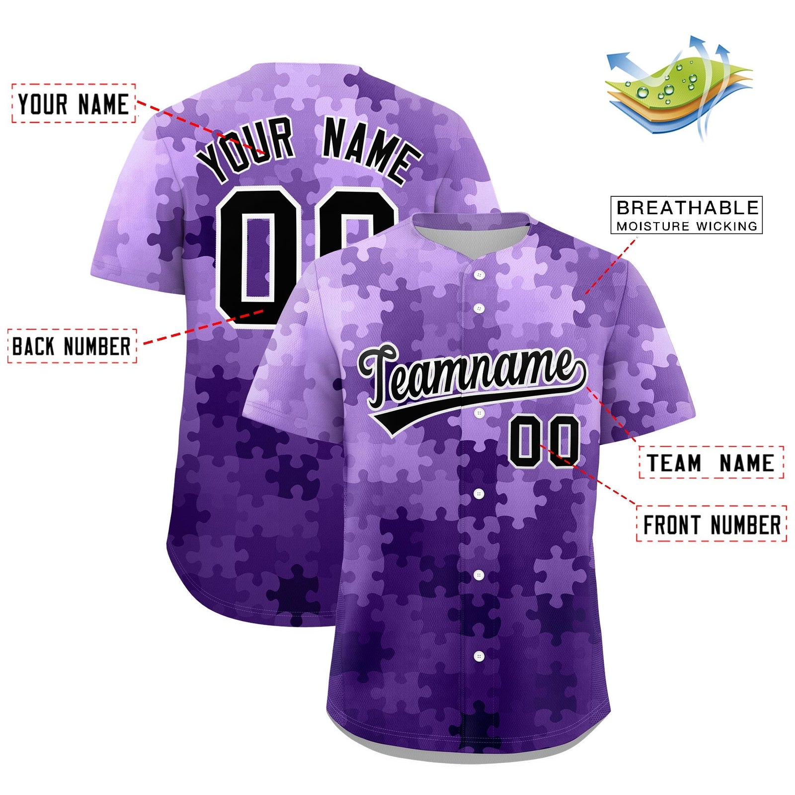 Custom Purple Black White Puzzle Elements Baseball Jersey | Sublimation Printed & Stitched,Add Name and Numbern,Perfect for Teams | KXKSHOP