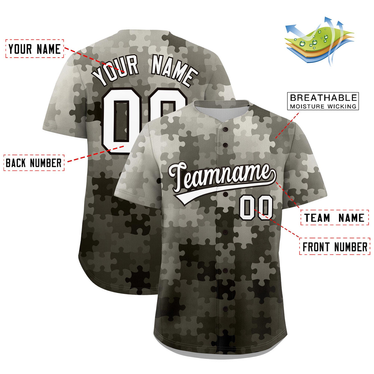 Custom Gray White Black Puzzle Elements Baseball Jersey | Sublimation Printed & Stitched,Add Name and Numbern,Perfect for Teams | KXKSHOP