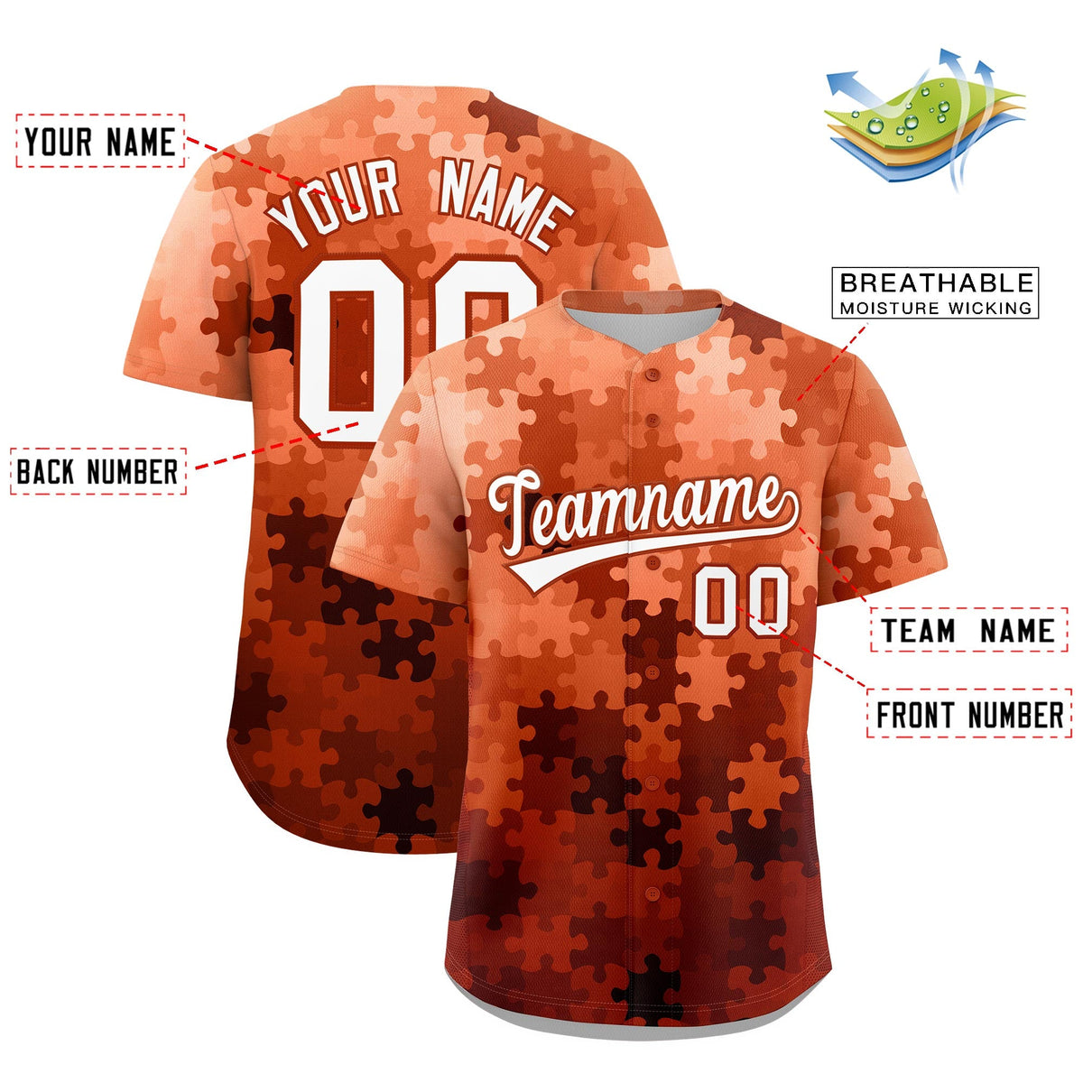 Custom White Dark Orange Puzzle Elements Baseball Jersey | Sublimation Printed &amp; Stitched,Add Name and Numbern,Perfect for Teams | KXKSHOP