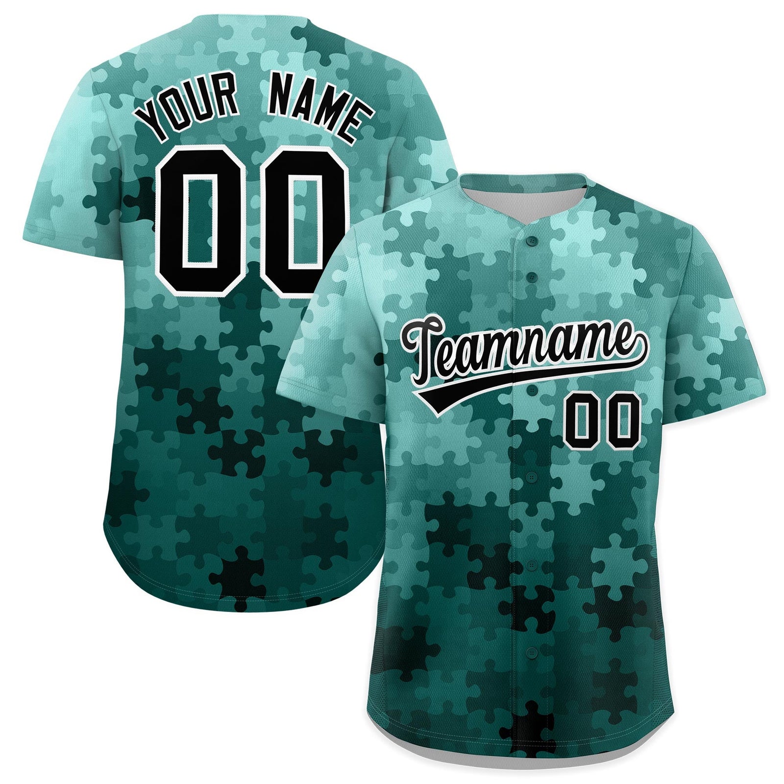 Custom Aqua Black White Puzzle Elements Baseball Jersey | Sublimation Printed & Stitched,Add Name and Numbern,Perfect for Teams | KXKSHOP