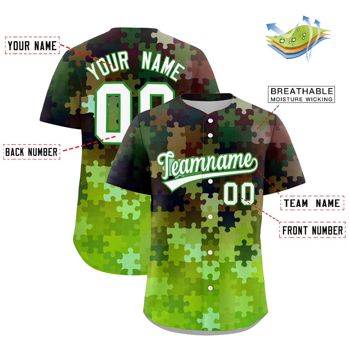 Custom Light Green White Puzzle Elements Baseball Jersey | Sublimation Printed &amp; Stitched,Add Name and Numbern,Perfect for Teams | KXKSHOP