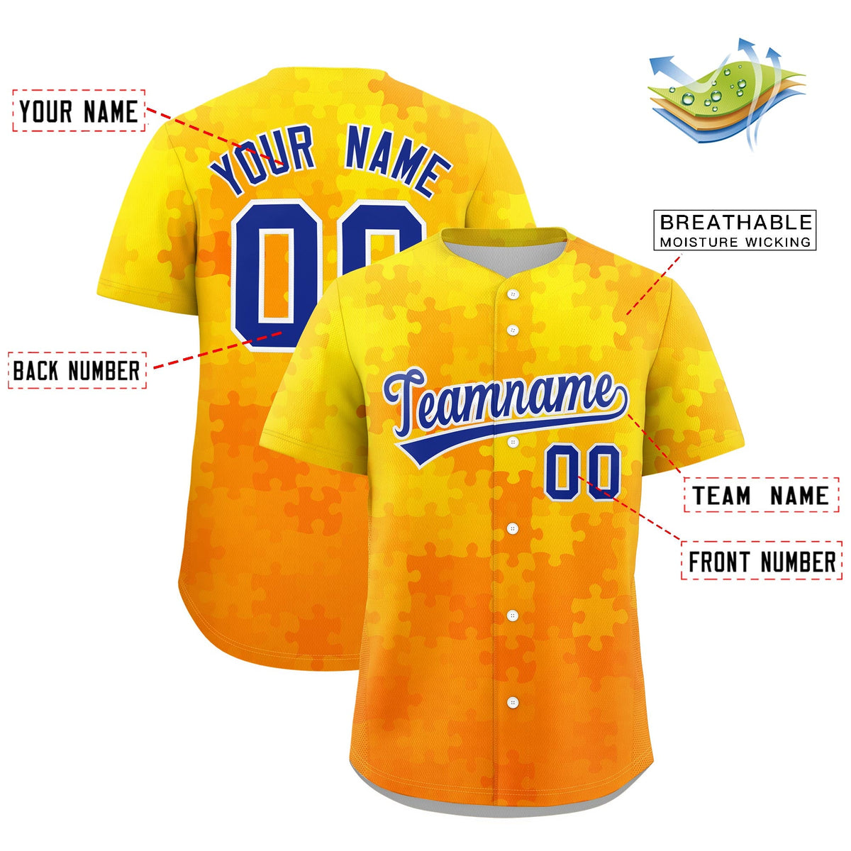 Custom Yellow Royal Blue White Puzzle Elements Baseball Jersey | Sublimation Printed &amp; Stitched,Add Name and Numbern,Perfect for Teams | KXKSHOP