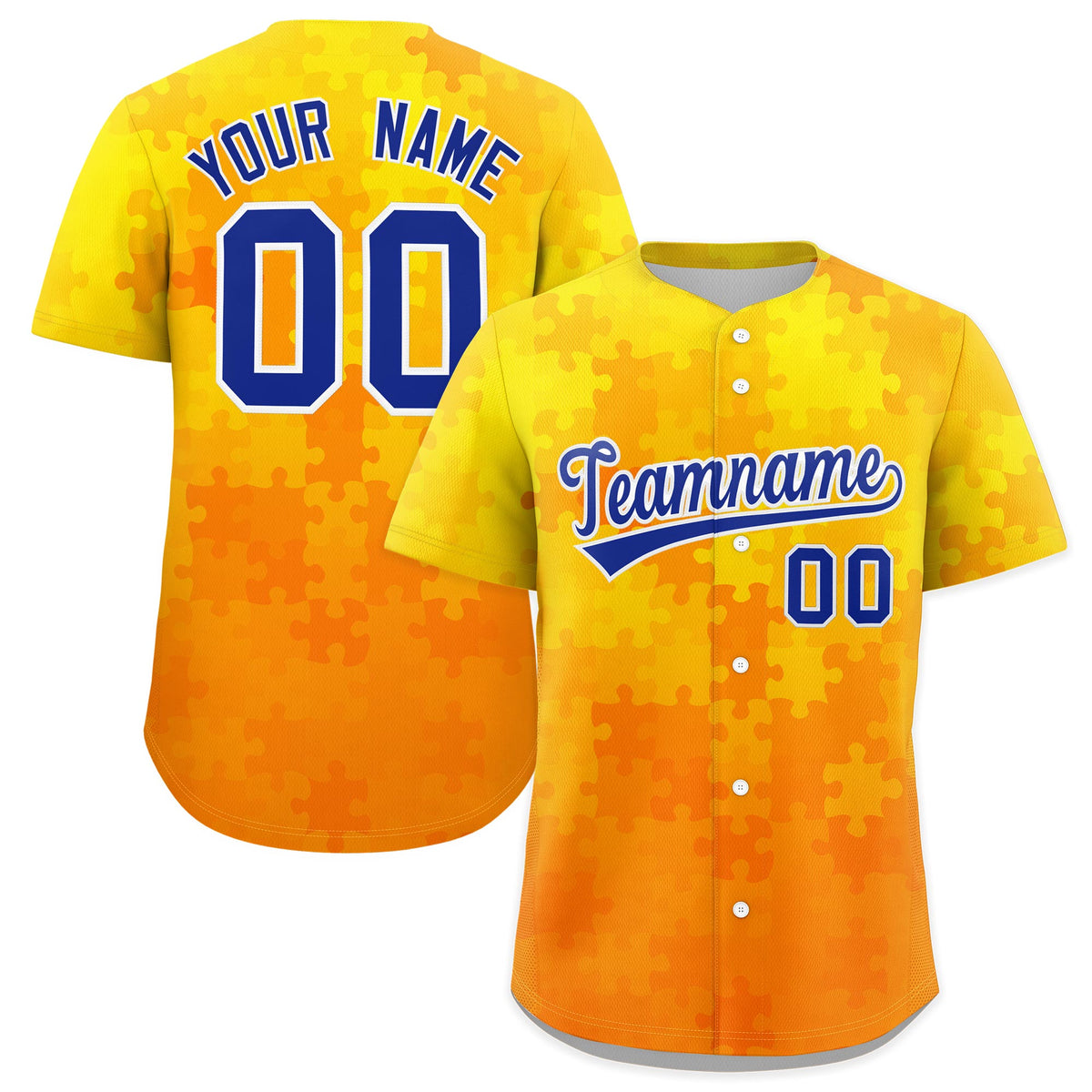 Custom Yellow Royal Blue White Puzzle Elements Baseball Jersey | Sublimation Printed &amp; Stitched,Add Name and Numbern,Perfect for Teams | KXKSHOP