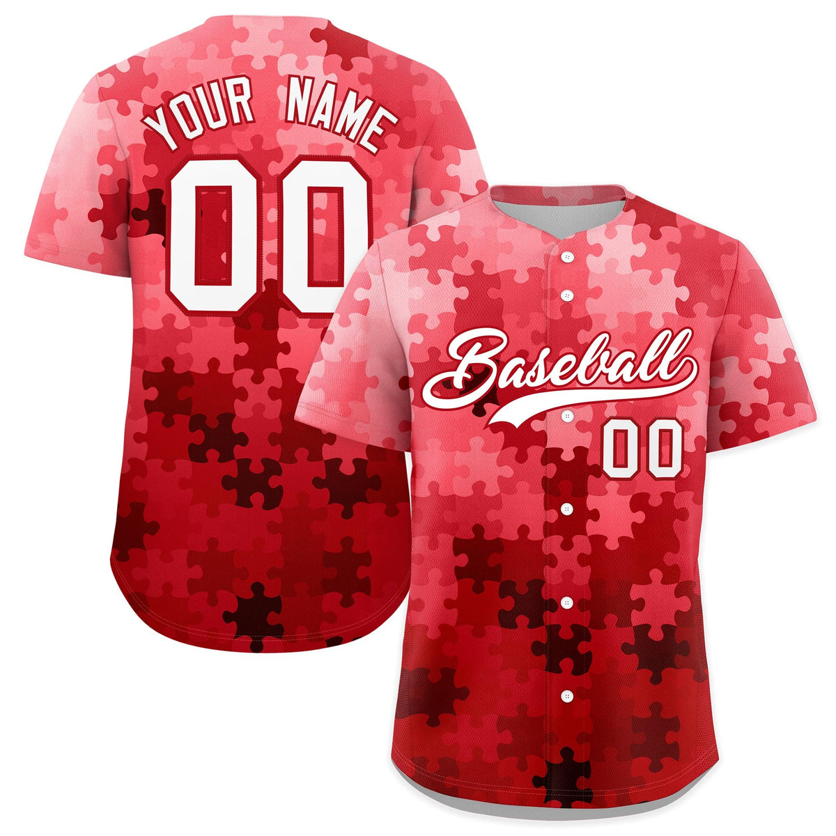 Custom Red White Puzzle Elements Baseball Jersey | Sublimation Printed & Stitched,Add Name and Numbern,Perfect for Teams | KXKSHOP