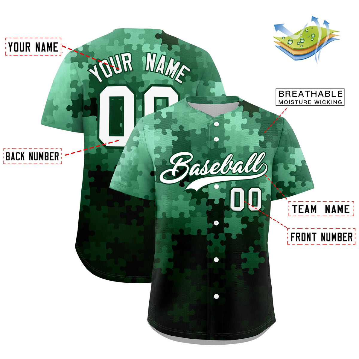 Custom White Green Puzzle Elements Baseball Jersey | Sublimation Printed & Stitched,Add Name and Numbern,Perfect for Teams | KXKSHOP