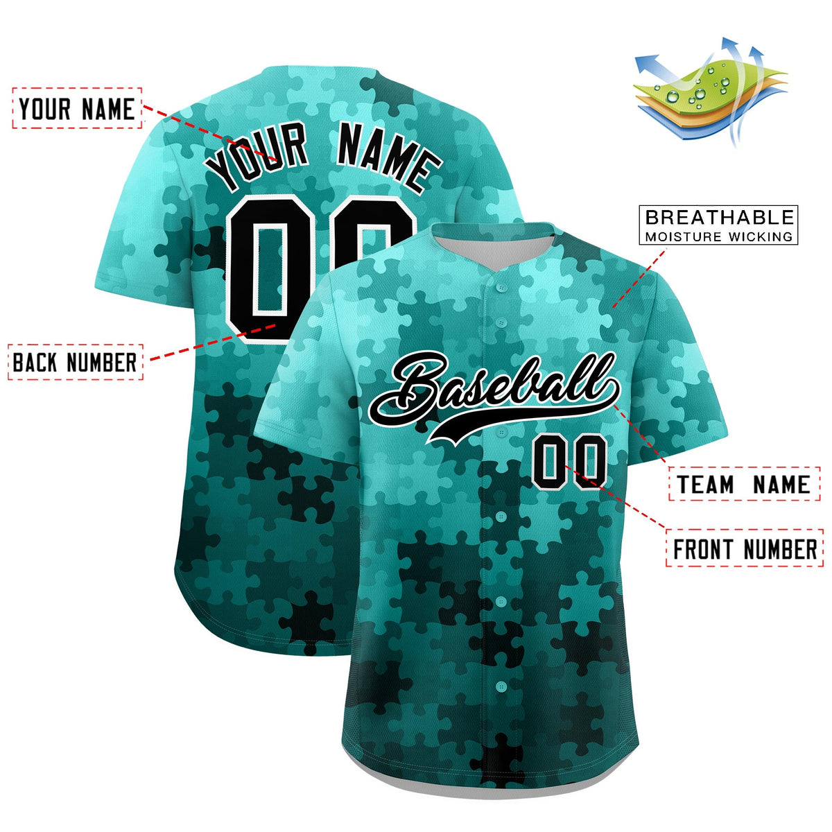 Custom Teal Black White Puzzle Elements Baseball Jersey | Sublimation Printed &amp; Stitched,Add Name and Numbern,Perfect for Teams | KXKSHOP
