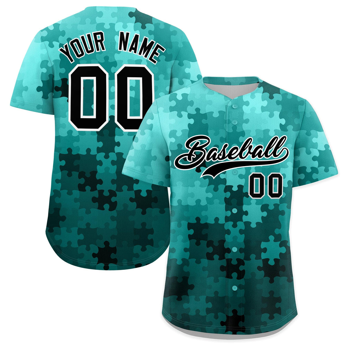 Custom Teal Black White Puzzle Elements Baseball Jersey | Sublimation Printed &amp; Stitched,Add Name and Numbern,Perfect for Teams | KXKSHOP