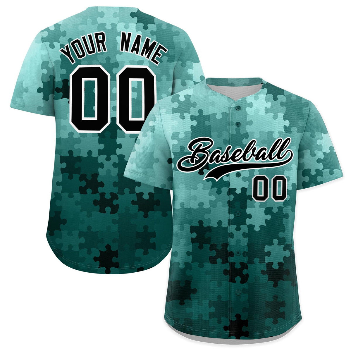 Custom Aqua Black White Puzzle Elements Baseball Jersey | Sublimation Printed &amp; Stitched,Add Name and Numbern,Perfect for Teams | KXKSHOP