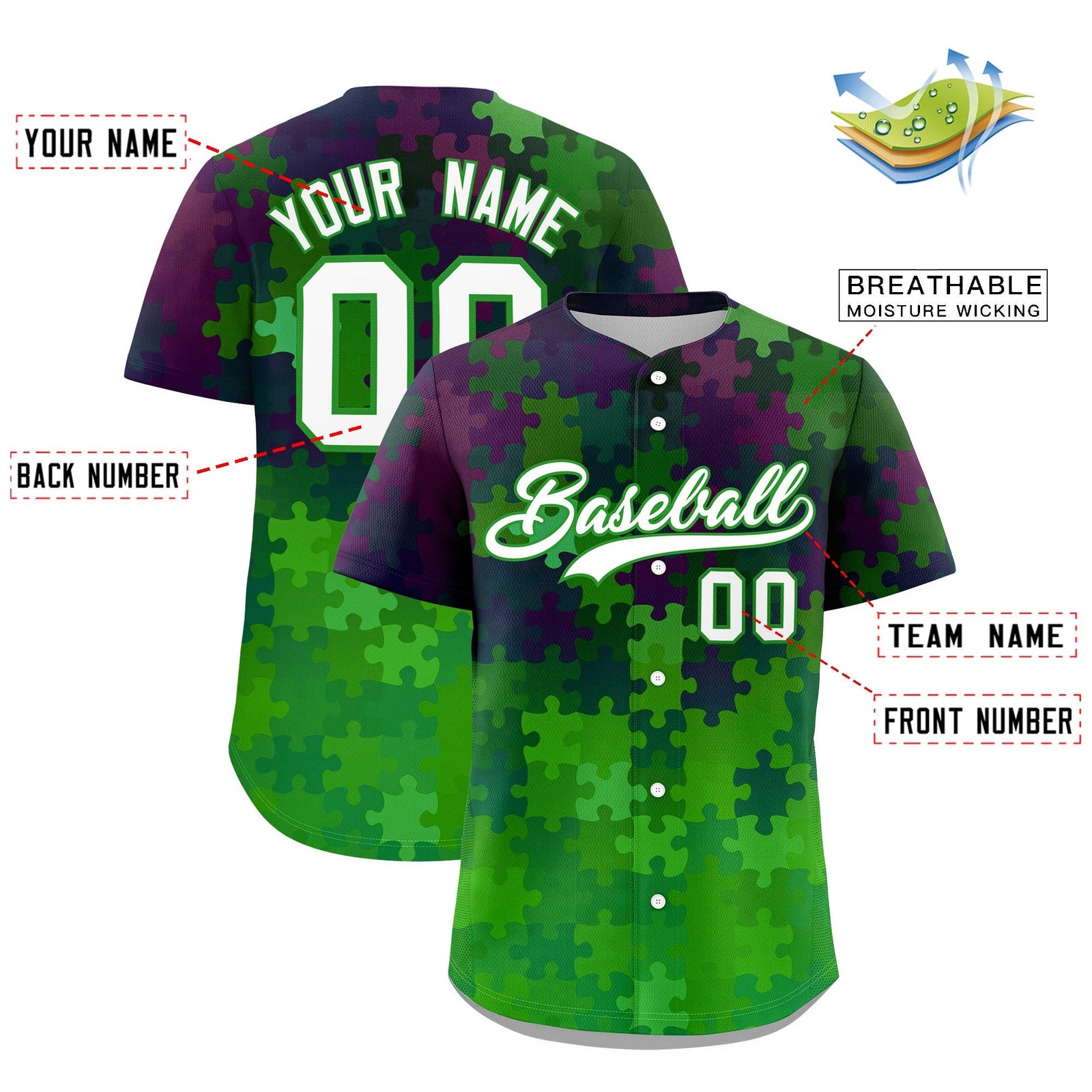 Custom White Light Green Puzzle Elements Baseball Jersey | Sublimation Printed & Stitched,Add Name and Numbern,Perfect for Teams | KXKSHOP