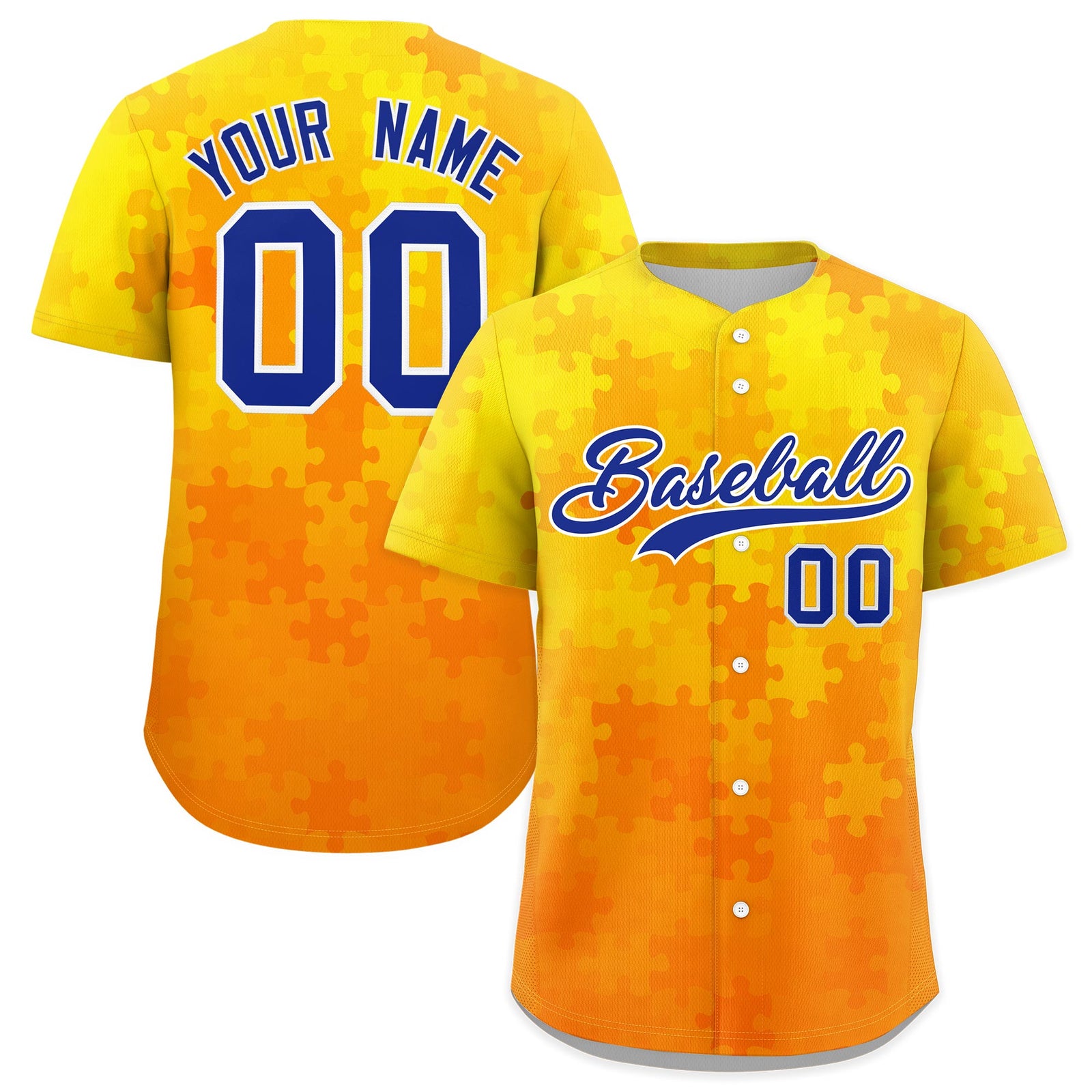 Custom Yellow Royal Blue White Puzzle Elements Baseball Jersey | Sublimation Printed & Stitched,Add Name and Numbern,Perfect for Teams | KXKSHOP