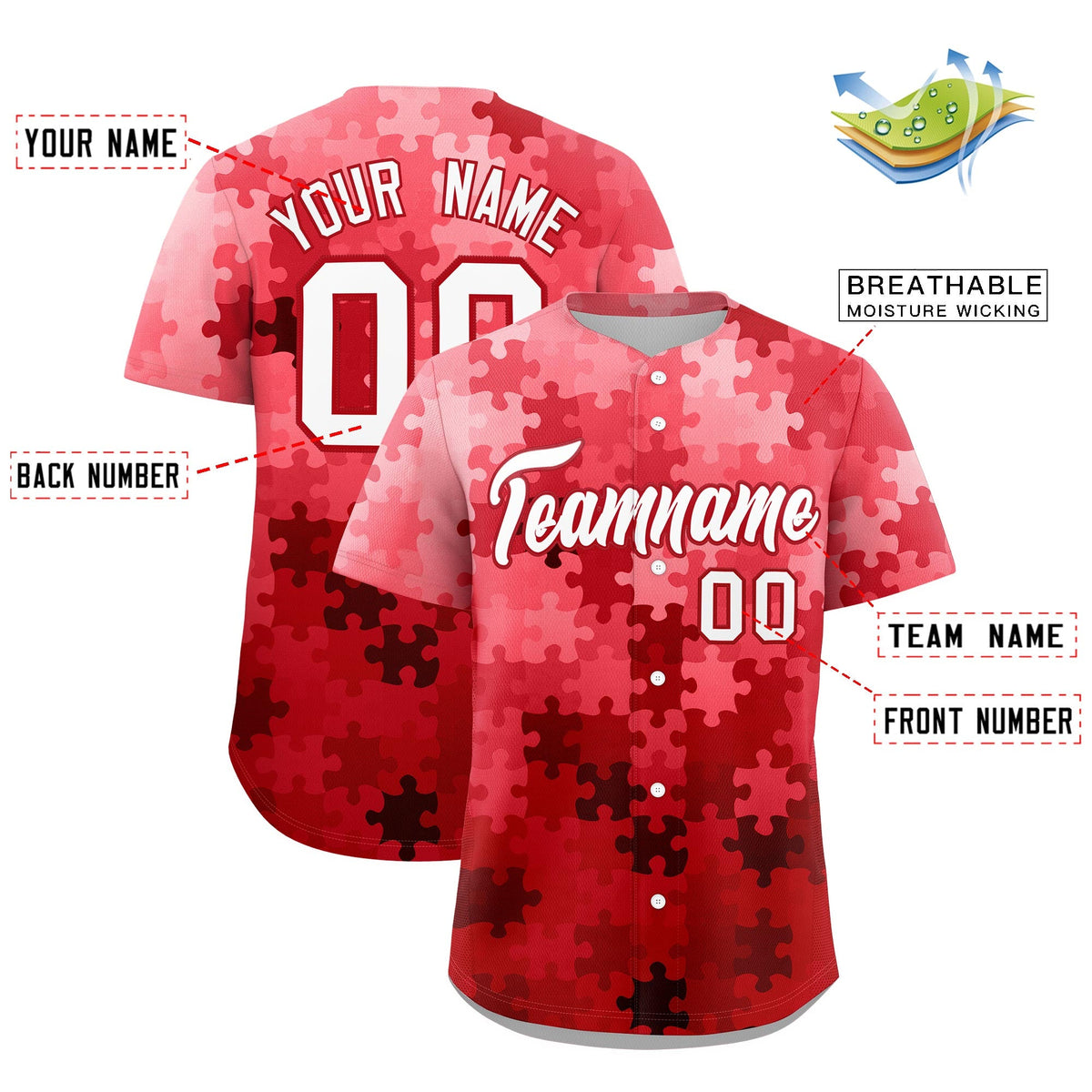Custom Red White Puzzle Elements Baseball Jersey | Sublimation Printed & Stitched,Add Name and Numbern,Perfect for Teams | KXKSHOP