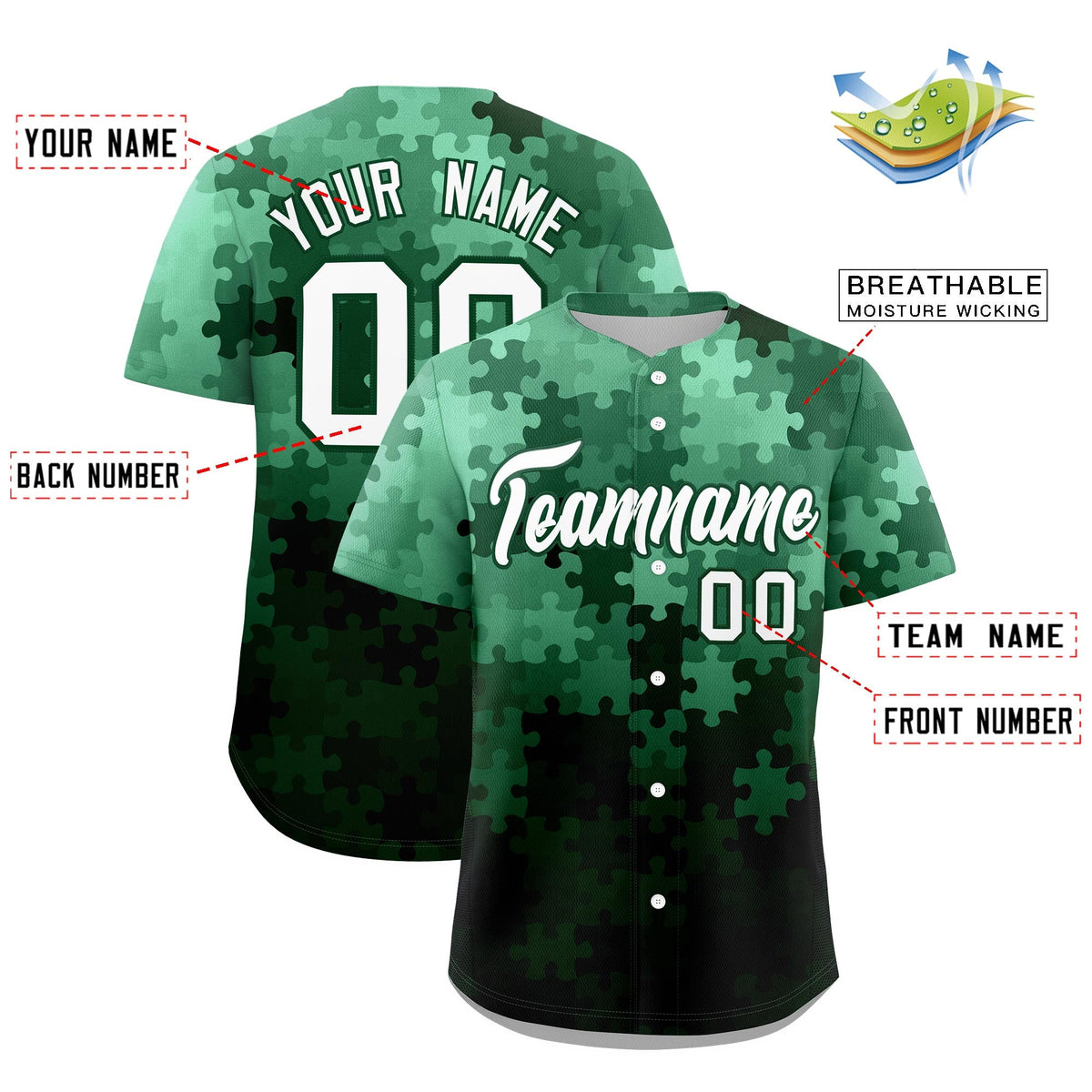 Custom White Green Puzzle Elements Baseball Jersey | Sublimation Printed & Stitched,Add Name and Numbern,Perfect for Teams | KXKSHOP