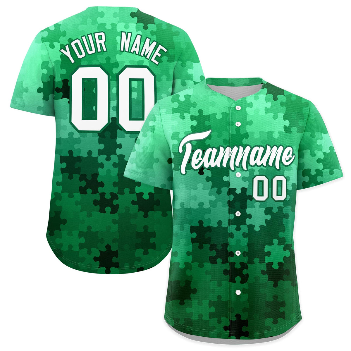 Custom White Kelly Green Puzzle Elements Baseball Jersey | Sublimation Printed &amp; Stitched,Add Name and Numbern,Perfect for Teams | KXKSHOP